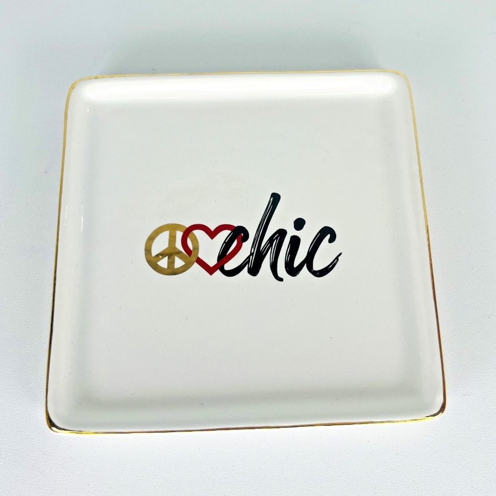 Chico's Square Trinket Jewelry Tray "Peace Love Chic" DecorativePlate 4.5" x4.5"